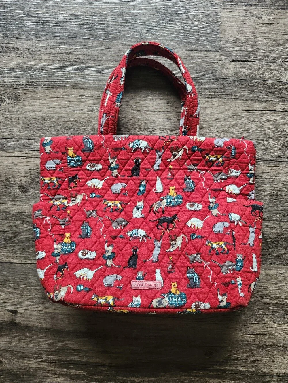 Vera Bradley Red Quilted Christmas Holiday Purse Tote with Cat Pattern